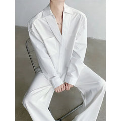 Threebooy Korean Stylish V-neck Chic Button Blouses Front Pocket Harajuku Men's Solid Long Sleeve Turn-down Collar Shirt White/Black