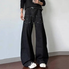 Threebooy Men Reverse Design Deconstructed Jeans Loose Streetwear Casual Baggy Fit Trendy Edgy Niche Modern Daily Essential