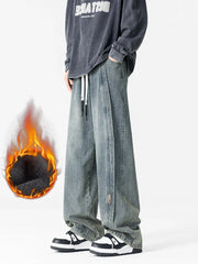 Threebooy Men's Winter Insulated Cargo Jeans Thick Fleece Warm Denim Pants Retro Style Wide-Leg Straight Baggy Jeans Asian Size L-5XL