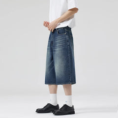 Threebooy Oversized Baggy Men's Denim Shorts Summer Fashion Retro Casual Loose Wide-leg Calf-length Jeans Harajuku Y2K Streetwear