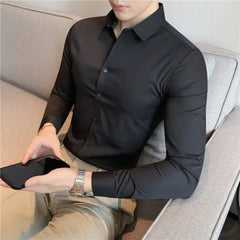 Threebooy Men's Long Sleeved Elastic Shirt No Ironing Business Wear Professional Workwear Stand Up Collar Shirt Casual Solid Color Shirt