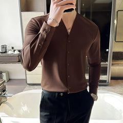 Threebooy Men V-neck Long Sleeve Shirt New British Style Solid Casual Slim Fit Camisas Blusas Formal Dress Shirts Homme Men Clothing