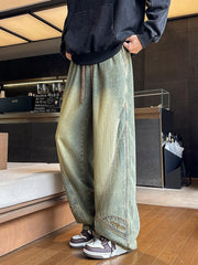 Threebooy Men's Retro Baggy Jeans Korean Fashion Elastic Waist Drawstring Wide-Leg Denim Pants Street Loose Fit Y2K Straight Jeans