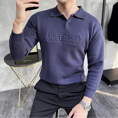 Threebooy New Style Men's Lapel Long Sleeves Knitted Sweaters/Male Slim Fit Fashion Long Sleeve Pullover Man Letter Printing Sweaters 3XL