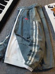 Threebooy American Striped Splicing Washed Denim Jacket Men's Korean Style Fashion Spring Autumn New Trend Stand Collar Casual Work Jacket