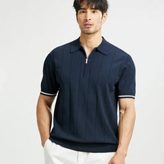 Threebooy Men's Casual Zipper Polo Shirt Solid Color Texture Lapel Breathable Leisure Tees for Men Summer Light Luxury Knitwear New