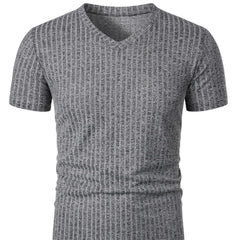 Threebooy Men's running sports fitness wear summer high stretch vertical strip short sleeve V-neck slim knit base shirt