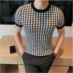 Threebooy Top Quality Plaid Contrast Knitted T-Shirt Men Breathable Pullover Short Sleeve Playera T-Shirts Hombre Slim Fit Sweaters