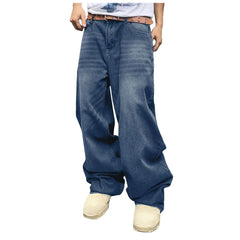 Threebooy Men Baggy Denim Pants Wide Leg High Waist Belt Casual Trousers Loose Plus Size Stylish Streetwear Men's Hip Hop Streetwear