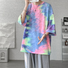 Threebooy Men Fashion Casual Summer New Men T Shirt Silk Tie-Dyed Short-Sleeved T-Shirt Trend Breathable Tees Fashion Streetwear