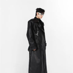 Threebooy Niche Pu Leather Coat Metal Zipper Double-layer Splicing Design Windbreaker Over Knee Jacket Men High Street Top Punk Streetwear