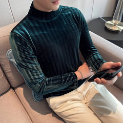 Threebooy Brand Clothing Men Spring High Quality Slim Long Sleeve T-shirt/Male High Collar Warm Striped Bottom Shirt Fashion T-shirts