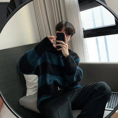 Threebooy Men's Knitted Drooping Striped Sweater Light Luxury Pullover Casual Loose O Neck Solid Color Long Sleeve Korean Popular Knitwear