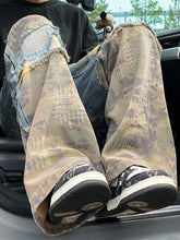 Threebooy High Street Denim Pants Camouflage Spliced Micro Flare Jeans Unisex Hip Hop Straight-Ripped Breasted Punk Trousers