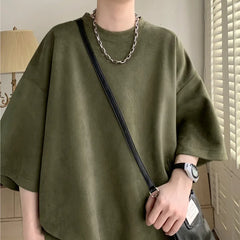 Threebooy Summer Short Sleeved T-shirt Men Oversized Casual Round Neck T Shirt Men Streetwear Korean Loose Suede T Shirt Mens Top M-3XL