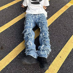 Threebooy Individualized patch jeans men American high street hip-hop fried street beggar pants blue loose small crowd mopping