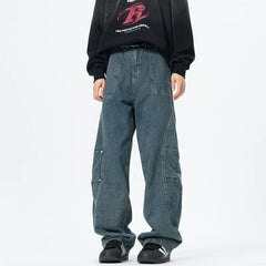 Threebooy Patchwork style Men's Baggy Straight Jeans Personality unisex Fashion Korean High Street Denim Pants Streetwear Male Trousers