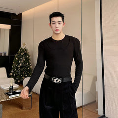 Threebooy Autumn Winter Korean Designer Versatile Tank Top Two Piece Sets Solid Color Slim Vest T-shirt Men Clothing
