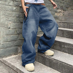 Threebooy Men Baggy Denim Pants Wide Leg High Waist Belt Casual Trousers Loose Plus Size Stylish Streetwear Men's Hip Hop Streetwear