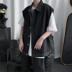 Threebooy Men's Spring Autumn Strapless Denim Jacket Korean Fashion Loose Sleeveless Work Cowboy Vest