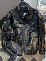 Threebooy Niche Deconstruction Heavy Industry Leather Jacket Spring Autumn Design Loose Punk Streetwear Short Motorcycle Leather Coat