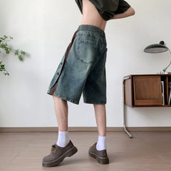 Threebooy Mens Loose Fit Summer Denim Shorts Elastic Waist Washed Blue Side Personality Design Casual Comfortable Fashion Trendy Outdoor