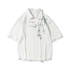 Threebooy Bamboo Embroidery Shirts Men Summer Male Handsome Chic Fashion Ins High Street Half-sleeve Cool Casual Baggy New Shirt 5XL-M