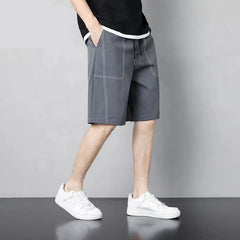 Threebooy Summer Quick Drying Casual Sports Shorts Men Solid Elastic Waist Drawstring Patchwork Pockets Loose Straight Five-Point Pants