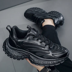 Threebooy Men Pure Black Chunky Sneakers Casual Sports Shoes Thick Soles Platform Fashion Trend Shoes