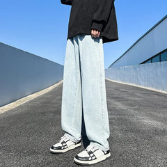 Threebooy Men's Jeans Spring Autumn Extend Straight Vintage Blue Casual Baggy Jeans Korean Trousers Classic Wide Leg Fashion Denim Pants