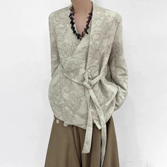 Threebooy Mens Suit Jacket Jacquard Belt Elegant Apricot Suit Neutral Chinese Style Retro Court Style Casual Long-Sleeved Top Unisex