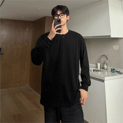 Threebooy Warm Henry Collar Long Sleeve T shirt For Men Spring Autumn Casual Mens T-shirts Unisex Tee Tops Classic Clothes Men's T-Shirts