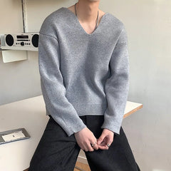 Threebooy Men's Light Luxury Knitted Pullover Sweater Men Casual V Neck Solid Color Long Sleeve Knitwear Streetwear Korean Autumn Clothing