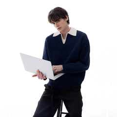 Threebooy Men's Color-blocking Patchwork V-neck Sweater Light Luxury Knitted Long Sleeve Pullover Autumn Korean Trendy Male Clothing M-3XL