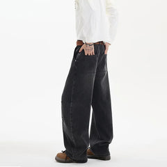Threebooy Spring New Trendy Jeans Patchwork Design Male Gradient Color Washed Straight Male Denim Pants Wide Leg Mopping pants