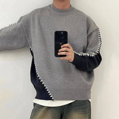 Threebooy Mens Sweater Topstitching Knitted Sweater Autumn Streetwear Contrast Color Casual Versatile Long Sleeve Top Men'S Clothing