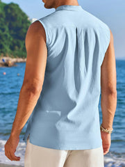 Threebooy Men's Casual Hippie Style Collarless Henley Neck Tank Tops Streetwear Solid Color Loose Fit Tees Summer Clothing New T-shirt