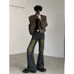 Threebooy American retro vintage motorcycle leather jacket men's spring and autumn new short shoulder padded jacket top