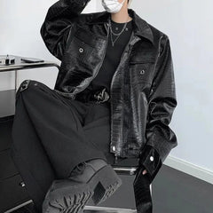 Threebooy Y2K Mens Jacket Crocodile Pattern Shoulder Pads Leather Jacket Autumn Casual Breathable Youthful Retro Top Men's Clothing