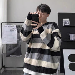 Threebooy Man Clothes Striped Long Knitted Sweaters for Men Brown Pullovers S 90s Vintage Y2k A Korean Autumn Jumpers Neck Overfit X