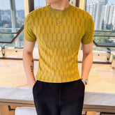 Threebooy Summer Plaid Jacquard Knitted T-shirt Men Round Neck Short Sleeved Knitted Pullover Slim Fit Casual Business Tee Tops