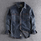 Threebooy Retro Male Cargo Snowflake Washed Distressed Denim Shirt Chunky Rough Cotton Uniform Light Casual Work Safari Mens Shirts Top