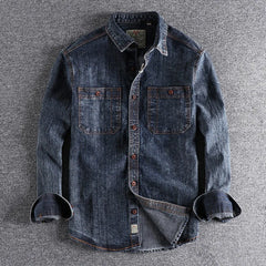 Threebooy Retro Male Cargo Snowflake Washed Distressed Denim Shirt Chunky Rough Cotton Uniform Light Casual Work Safari Mens Shirts Top