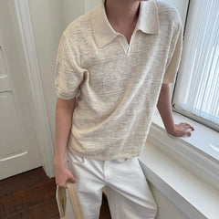 Threebooy New Trend Men Seagull Collar Polo Shirt Light Luxury Textured Slim T-shirts Leisure Short Sleeve Solid Color Breathable Knitwear