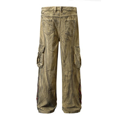 Threebooy Ankle Flame Embroidery Straight Loose Cargo Pants for Men High Street Pockets Casual Denim Trousers Oversized Unisex Jeans