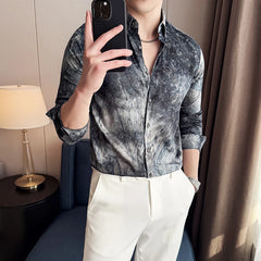 Threebooy Brand Tie Dye Long Sleeved Shirt for Men Summer Slim Fit Casual Business Dress Shirts Fashion Office Social Streetwear Shirt