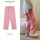 Threebooy Summer Pink Jeans Men Fashion Retro Pocket Cargo Jeans Men Streetwear Hip Hop Loose Straight Denim Pants Mens Trousers S-3XL