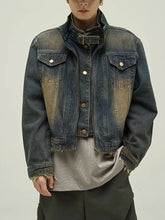 Threebooy Vintage Denim Jacket Man Woman Short Zipper Single Breasted Cowboy Crop Coats Blue Washed Stand Collar Unisex Jeans Outerwear