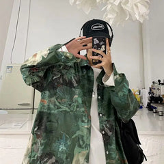 Threebooy Trendy Brand Retro Oil Painting Printed Long-sleeved Shirt Men Street Loose Casual Couple Shirt Jacket