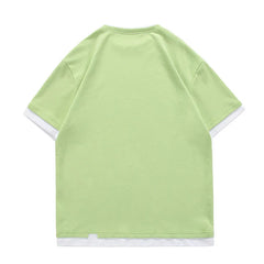 Threebooy T-shirts Summer Casual Top Loose Short Sleeve O-neck Hole Fake Two-piece Fashion Tops Loose All-match Men's Clothing